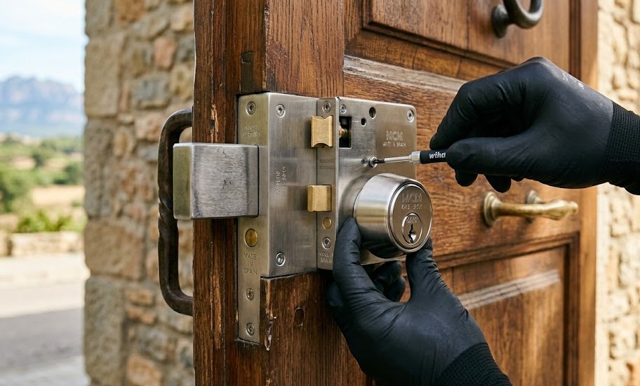 Especialista instalando cerradura de alta seguridad en puerta de chalet en Sant Esteve Sesrovires